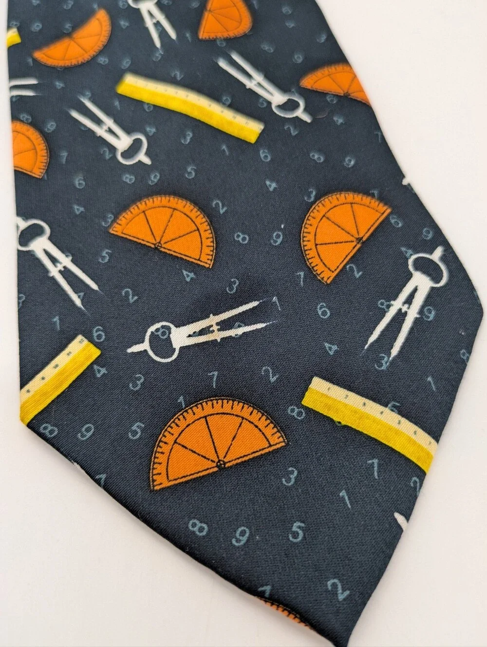 Vintage Parquet Yellow Orange Mathematics Ruler Protractor Compass Mens Neck Tie